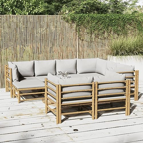 CIADAZ 10-TLG. Garten-Lounge-Set mit Hellgrauen Kissen, Gartenlounge, Balkon Möbel, Gartenmöbel, Balkonmöbel, Balkon Möbel Set, Möbelsets, Balkon Lounge, Bambus