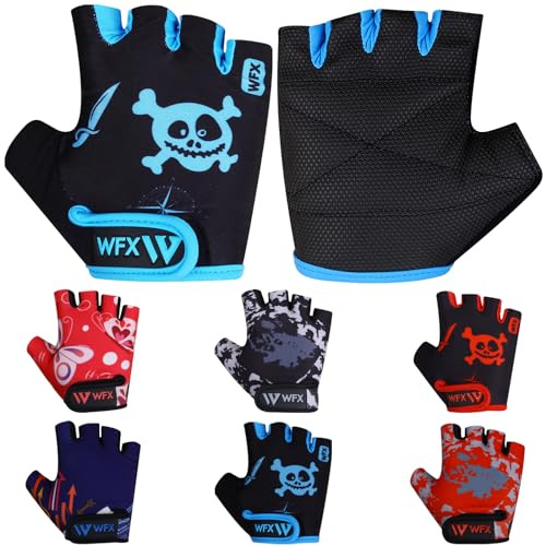 WFX Kids Cycling Gloves Short Half Finger Fingerless Gloves Padded Fastened Children Kid BMX Bike Safety Hand Protect Cycling Climbing Weight Lifting Workout Bicycle Gloves (Blue Skull, M)