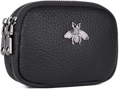 MAVHVAM Ladies Genuine Leather Small Purse for Women Mini Coin Wallet Pouch Campact Credit Card Holder with Double Zip (Black)
