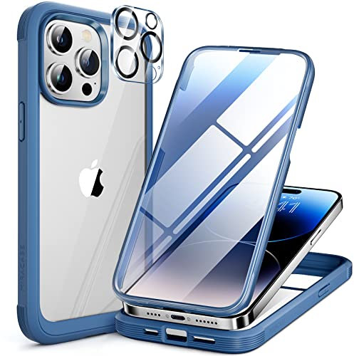 Miracase Glass Case for iPhone 14 Pro Max Case 6.1 Inch, [Built-in 9H Tempered Glass Screen Protector + Camera Lens Protector] Full Body Rubber Bumper Clear Back Case Cover (Capri Blue)