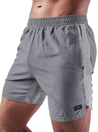 Satire Gym - Sporthose Herren kurz mit Taschen - Sport Shorts Männer als Laufhose Gymshorts (Running, Bodybuilding, Fitness hellgrau, XL)