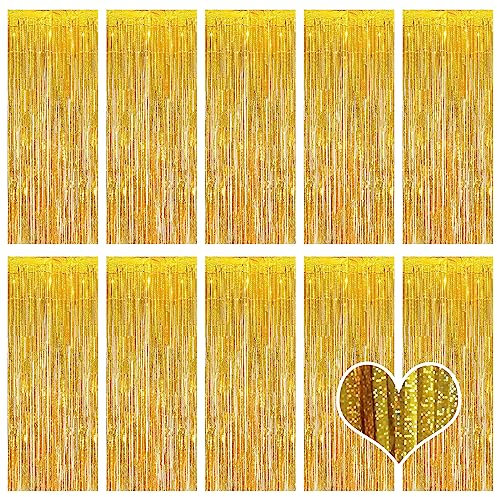 10 Stück Golden Lametta Vorhänge 1 x 2.5M Tinsel Curtain Folien Fransen Metallic Lametta Vorhange Golden für Geburtstag Partydekor Verlobung Hochzeit Weihnachten Neujahr Dekoration (Laser Golden)