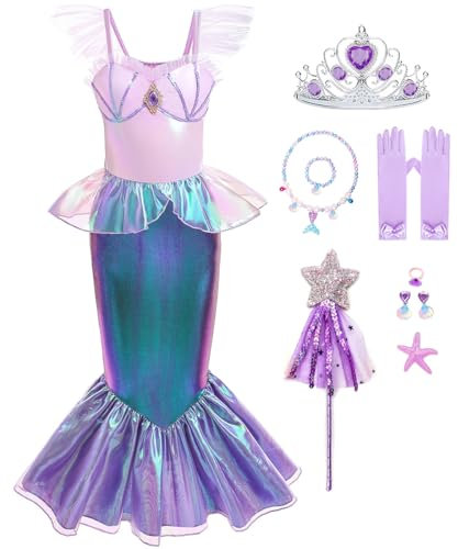ZaisuiFun Meerjungfrau Kostüm Mädchen Arielle Prinzessin Kleid Kinder mit Zubehör für Halloween Verkleidung Karneval Cosplay, 116-122(Etikett 120)