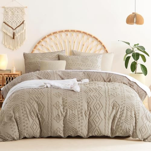 Sedefen Boho Bettwäsche 135x200 cm Khaki Getuftet Geometrisch Muster Wendebettwäsche Set Stickerei Shabby Chic Böhmen Bettbezug mit Reißverschluss und 1 Kissenbezug 80x80cm