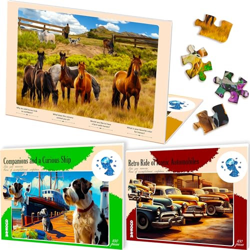 100 Stück Demenz Puzzles für ältere Menschen - Großteil Aktivitäten Produkte für Senioren von QUOKKA - 3 Alzheimer Puzzle-Spiele für Erwachsene Pferde, Hunde und Autos - kognitive Geschenke für Männer