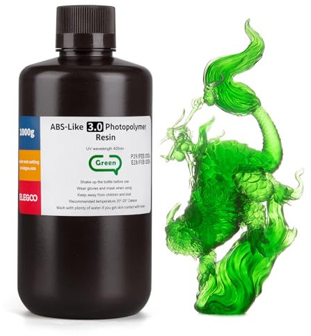 ELEGOO ABS-Like 3.0 3D Drucker Resin, 405 nm UV-härtendes Photopolymerharz für MSLA/LCD/DLP 3D Drucker, Verbesserte Festigkeit und Zähigkeit, Hohe Präzision, Niedrige Viskosität, 1000g Klargrün