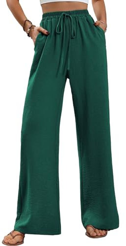 ALSOGO Weite Hose Damen Elegant Breite Hosen High Waist Lose Sommer Palazzo Hose Dehnbar Lounge Lang mit Taschen Grün M