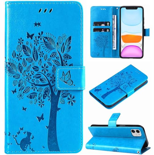 Hancda Case for iPhone 11, Leather Case Wallet Flip Cover with Card Holder Slot Flowers Design Pattern Magnetic Stand Strap Shockproof Protective Phone Case Cover for iPhone 11,Blue