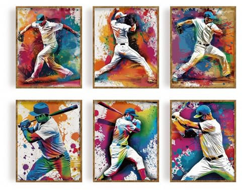 FREEBLOSS 6 Stück 20 x 25 cm Baseball Kunstdruck, Ungerahmte Poster, Baseball Leinwand, Wandkunst, Schlafzimmer, Baseball Bilder Für Die Wand, Dekorative Wandkunst Für Flur Und Wohnzimmer
