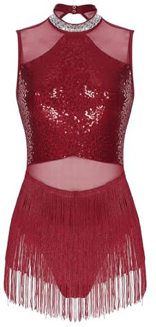 TTAO Damen Pailletten Tanz-Body Ballettbody Ärmellos Glitzer Gymnastikbody Ballett Trikot Leotard Latein Overalls Turnanzug Ballettanzug Burgundy H L