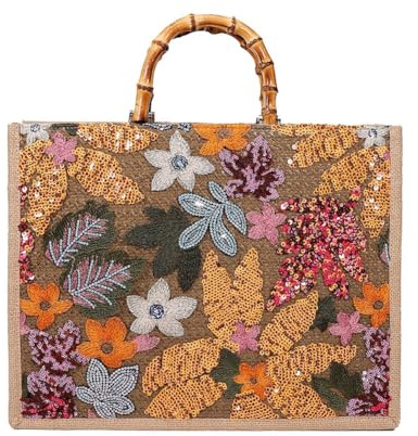 GUOCU Damen Tragetasche mit Pailletten Blumen und Blättern bestickt Handtasche Umhängetasche Sommer Handtasche mit Bambusgriff Strandtasche für Schule, Arbeit, Einkaufen OrangeR