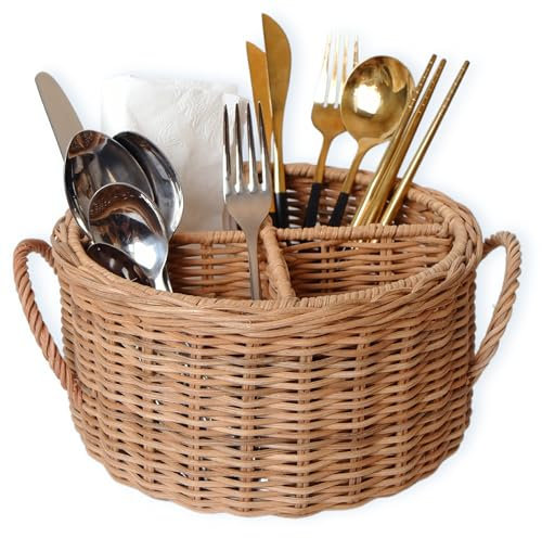 Chi An Home Wicker Utensil Holder For Countertop, Rattan Farmhouse Cutlery Caddy, Handwoven Party Silverware Organizer For Knife, Spoons, Multi-Use 4-Compartment (Round)