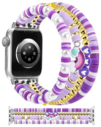Newlibery Beaded Bracelet Compatible with Apple Watch Band 38mm 40mm 41mm Kids Girls Women Cute Preppy Handmade Elastic Stretch Watch Strap for iWatch Series 9/8/7/SE/6/5/4/3/2/1 Lavender Purple