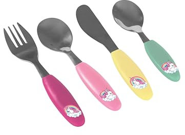 Unicorn Cutlery Set for Girls, 4-Piece Children's Stainless Steel Cutlery Set with Plastic Handles, with Knife, Fork, Soup Spoon and Dessert Spoon, Multi-Colour