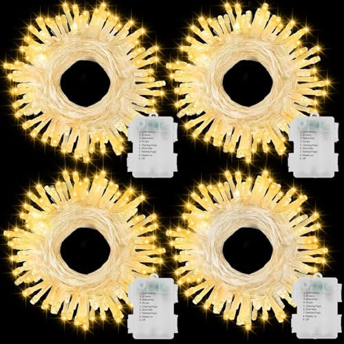 ZAIYW Lichterkette Batterie Weihnachten, 4 Stück 7M 70LEDs Lichterkette mit Batterie Timer, 8 Modi Wasserdicht Lichterkette Transparentes Kabel für Weihnachten Garten Balkon Hochzeit (Warmweiß)