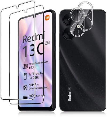Vanrain Protector de Pantalla para Xiaomi Redmi 13C 5G, 2+2 Piezas Cristal Templado y Protector de Lente de Cámara, Vidrio Templado 9H Dureza Alta Definición Sin Burbujas