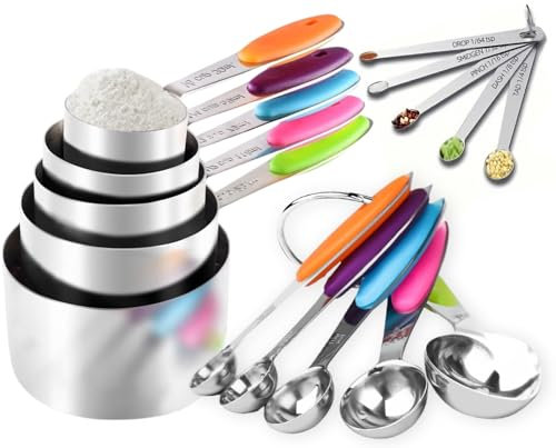 Stainless Steel Measuring Cups and Spoons Set of 15, Include 5 Measuring Cups, 5 Measuring Spoons and 5 Tiny Spoons, Nesting Metal Measuring Cups Set with Colored Silicone Handles for Cooking & Baking
