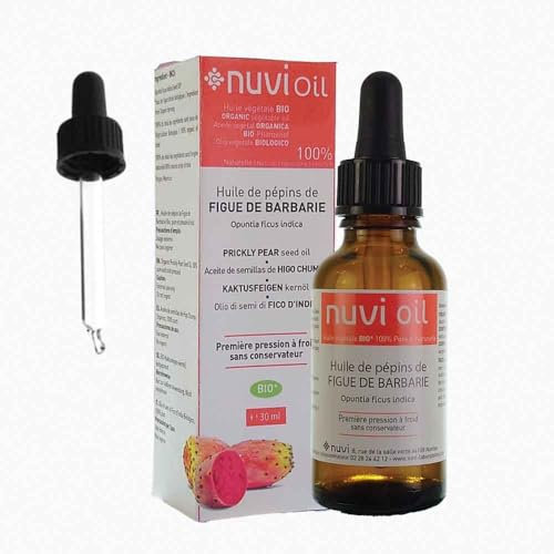 Olio di semi di fico d'india biologico da 30 ml + pipetta, bottiglia in vetro, 100% puro, naturale, pressato a freddo, olio di fico d'india biologico, viso anti-invecchiamento e anti occhiaie