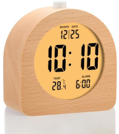 Plumeet Holz Digitalwecker, 10cm Batteriebetriebener Wecker mit Schlummer und Nachtlicht, Elektronische LCD Tischuhr mit Zeit, Datums, Temperatur, 12/24 Stunden-Anzeige, Holzdekor, Braun