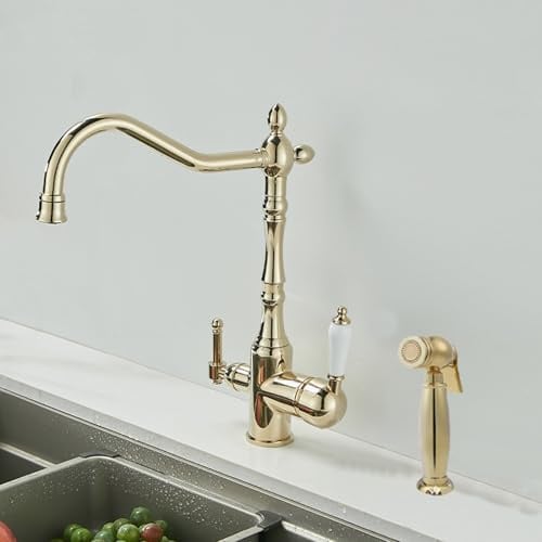 3 Wege Wasserhahn Retro Küche Gold Küchenarmatur Zweigriffmischer mit Sprühgerät 3 in 1 Mischbatterie Küche für Wasserfilter-B