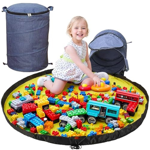 Lighterday Spielzeug Aufbewahrungkorb mit Spielteppich Aufräumsack,Stoff Korb Aufbewahrung Groß mit Dekel,34X42CM,Spielzeugkorb Rund für Bauklötze Stofftier Aufbewahrung,Wäschekorb(Blau)