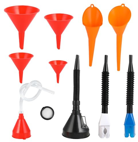 Juego de 10 Piezas de embudo de Embudo Gasolina embudo aceite motor con filtro y manguera embudo flexible con ángulo recto con boquilla desmontable hogar y taller (rojo naranja negro)