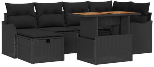 vidaXL 7-teiliges Garten-Sofa-Set mit Kissen in Schwarz aus Poly Rattan – modernes Outdoor-Möbel für den Balkon. Rechteckiger Tisch, komfortabel und stylisch, ideal für die Terrasse oder den Garten.