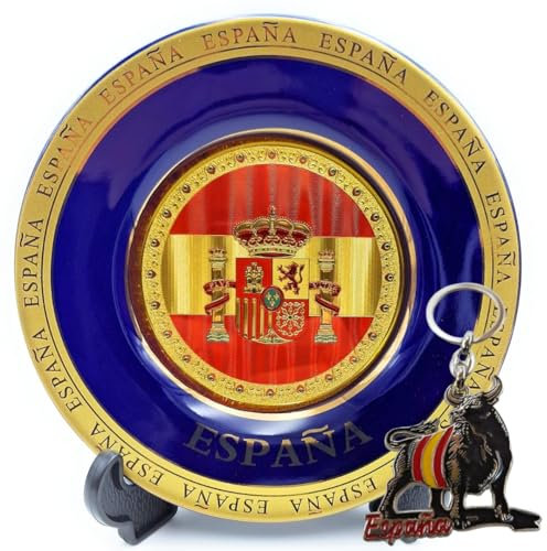 Planta Color Plato Decorativo España con Escudo Nacional + Llavero Toro Metálico. Incluye Soporte y Gancho para Colgar. Ideal para Patriotas, Regalo de Viaje, Souvenir Típico Español (España)