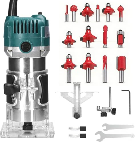 110V Router Tool, 800W Compact Wood Router Tool 30000RPM Electric Handheld Palm Routers with 15 Pieces 1/4 inch Router Bit Set, 6 Variable Speed for DIY Woodworking Blue