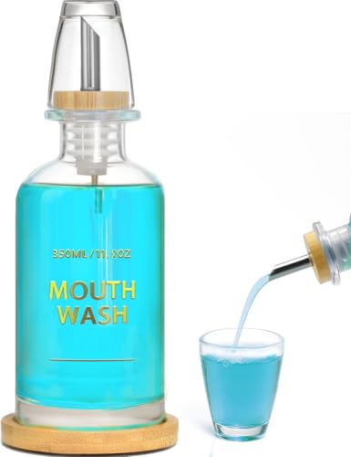 11.8OZ Glass Mouthwash Dispenser for Bathroom with Stainless Steel & Bamboo Nozzle, Mouthwash Cup Reusable, Bamboo Tray (Clear, 11.8oz, 1Pack)