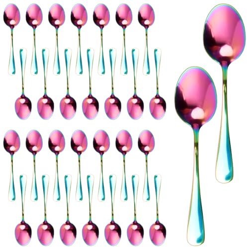 SYUTBOU 30 Stück Regenbogen Teelöffel, 13,5cm Länge Edelstahl Dessertlöffel Kaffeelöffel, Kleine Löffel Regenbogen für Dessert, Kaffee