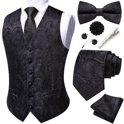 Barry.Wang Men's Black Waistcoat Tie Bowtie Set Hanky Cufflinks Tie Clip