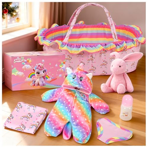 ARTST Reborn Baby Doll Clothes with Bassinet,Rainbow Unicorn Reborn Baby Doll Accessories Outfit Set for 17-22 inch Newborn Babies,Realistic Toy Gift for 3-12 age Girls Boys