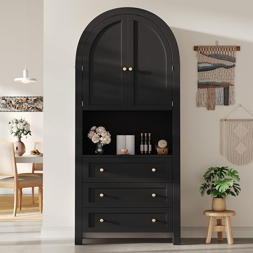 Yihomfy 180cm Küchenschrank mit Bogenform,Moderne Landhausstil-Aufbewahrungsschränke aus Holz mit 3 Großen Schubladen und Offenem Fach für Küche,Esszimmer und Wohnzimmer,Schwarz (Schwarz)