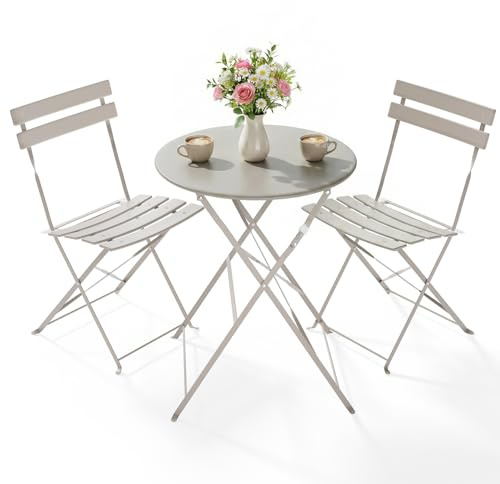 Clevich Bistro Set Balkon Metall, Klappbar Balkonmöbel Set 3 teilig, Bistrotisch mit 2 Klappstühlen, Gartenmöbel-Set Outdoor Sitzgruppe, Faltbar und Wetterfest, für Balkon, Garten, Terrasse, Grau