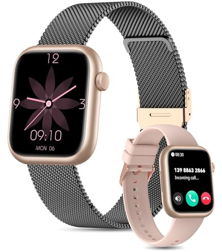 SLOKSFil Smartwatch Damen mit Telefonfunktion, 1.85 HD Fitnessuhr mit 24/7 Pulsuhr, Schlafmonitor, SpO2, KI-Zifferblatt/KI Q&A, 110+ Sportmodi, Schrittzähler Uhr für Android iPhone (Schwarzgold)