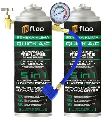 2x INfloo Quick A/C 5en1 – Gaz R134a avec huile, colmatant, traceur UV et déshydratant + tuyau avec manomètre + gants de protection