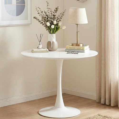 ZECIIYE Esstisch Rund 90 cm – Moderner Runder Esstisch, Küchentisch Rund im Tulpendesign für 2-4 Personen, Wohnzimmer Tisch Bistrotisch Gartentisch MDF Holz mit Fester Standfläche, Weiß