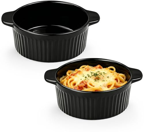Hioph Ceramic Baking Dishes, 2 Pack Round Individual Pie Dish with Handles | Ceramic Ramekins, 300ML Small Oven Dish Set for Souffle, Creme, Brulee, Custards, Ice Cream, Jams, Cereal, Lasagne, Tiramisu
