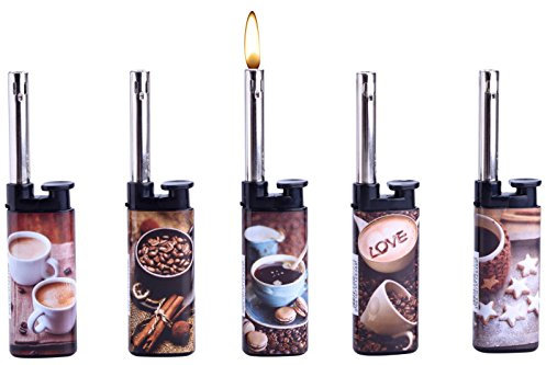 5 Stück Stabfeuerzeug PIEZO Coffee Gasfeuerzeug Normale Flamme + 1x (Konsumany® Stab- Stumfeuerzeug 12,5 cm Lang)