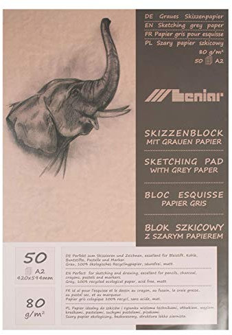 Honsell 31223 Graubrauner Skizzenblock, 80 g/m², DIN A2, 50 Blatt, aus 100% ökologischem Recyclingpapier mit rauer Oberfläche, zum Zeichnen und Skizzieren, Papier