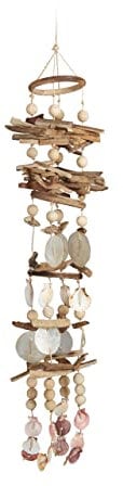 Relaxdays Windspiel mit Muscheln, maritimes Holz Klangspiel für Balkon, Garten-Deko, Capizmuschel Mobile, 107 cm, natur
