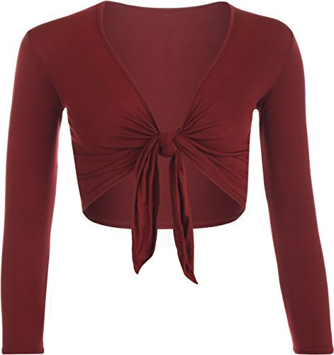 Red Olives Women's Ladies Plain Bolero Front Tie Shrug Cropped Long Sleeve Stretch Cardigan Top UK 8-22 (12-14, Wine)