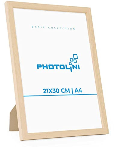PHOTOLINI Bilderrahmen A4 Holz MDF Natur, DIN A4 Bilderrahmen 21x30 cm, bruchsicheres Acrylglas, picture frame zum Aufhängen & Aufstellen, Rahmen 30x21 für Fotos & Poster