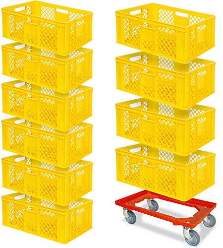 BRB 10 Eurobehälter, LxBxH 600x400x240 mm, lebensmittelecht + 1 Transportroller (gelb/rot)