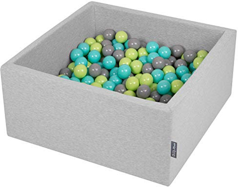 KiddyMoon Piscine à balles carrée, 90 x 40 cm, diamètre : 7 cm, pour bébé, avec balles colorées, fabriquée en UE, Gris Clair : Vert Clair, Turquoise Clair, Gris