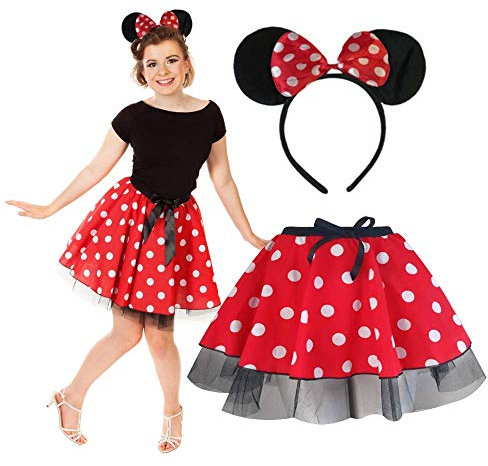 Minnie Mouse women tutu skirt with headband, ears & tail costume - UK Sizes 8 to 28 - Red, Pink, Fancy Dress, Fun Run, Hen Party (S, Minnie Mouse Red)