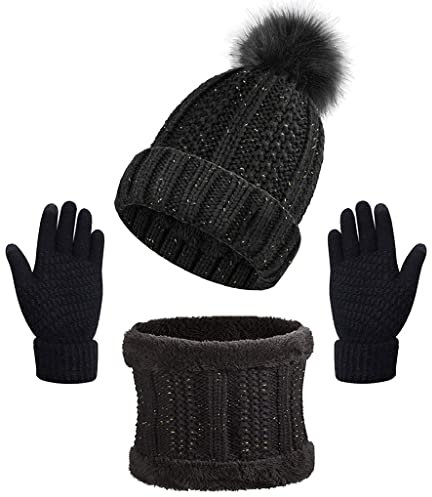 CheChury Stricken Mütze & Schal Damen Weiche Warme Fleece Gefüttert Winter Beanie Strickmütze Zickzack Wurm Winterschal Ski Hut mit Pompom-Schwarz-One Size