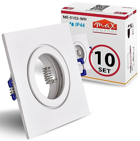 10x Einbaustrahler Bad IP44 mit GU10 Fassung ECKIG weiß Einbauspot Einbauleuchte Rahmen Rostfrei Deckenspot Strahler Spot 5102