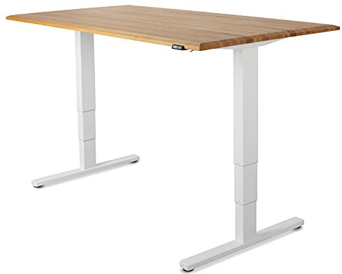 Staboos Höhenverstellbarer Bürotisch 70-130 cm, Buche geölt, 140x80x25, Gestell Weiss Schreibtisch Elektrisch - Massivholz Stehschreibtisch - Height Adjustable Office Desk - Steh Schreibtisch